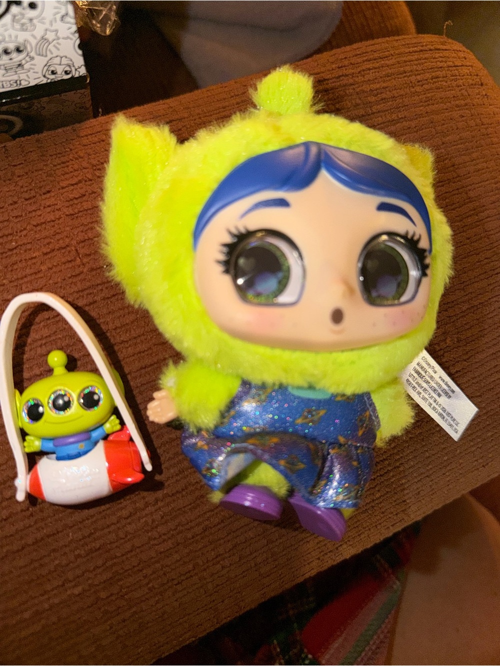 Disney Plush Doll in Neon Lime Fuzzy Outfit with Blue Hair and Purple Shoes